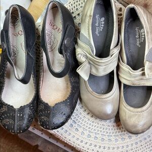 Spring Step greyish tan leather & Taos black leather 7.5 heels Velcro straps